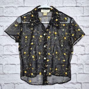 Vintage Profumo Saverio Bizzi Paris Sheer Embroidered Top Black Floral Y2K IT 42